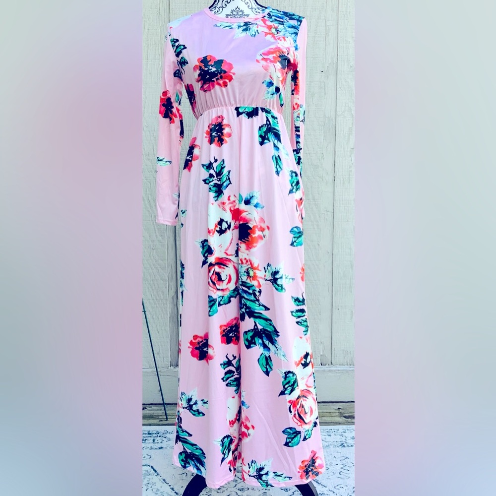 Long sleeve pink flowered silk dress
